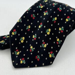 Vtg Black Velvet Cherry Fruit Mens Tie Red Yellow Cotton Retro 1970s Kitsch 4.5"